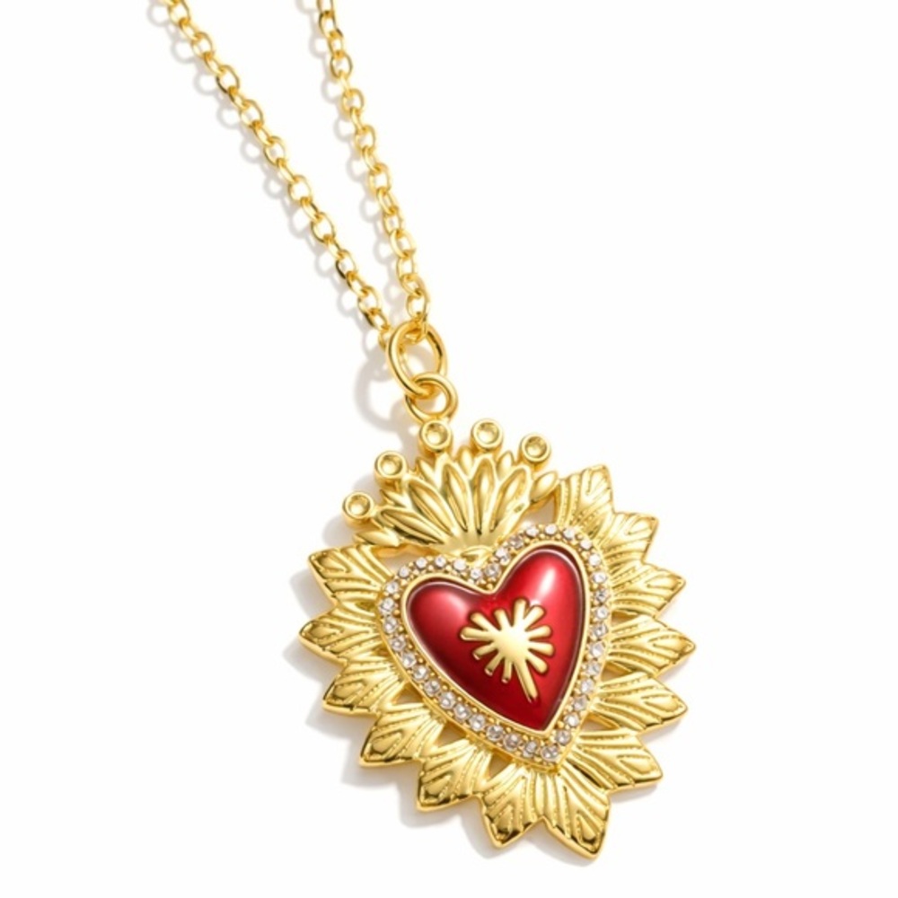 NEW Gold Plated Sacred Heart Rhinestone Sunburst Statement Necklace Valentine